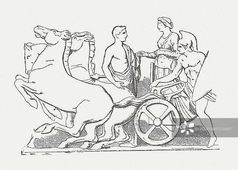 木刻，1881年出版，帕特农神庙中楣，雅典卫城，木刻图片素材