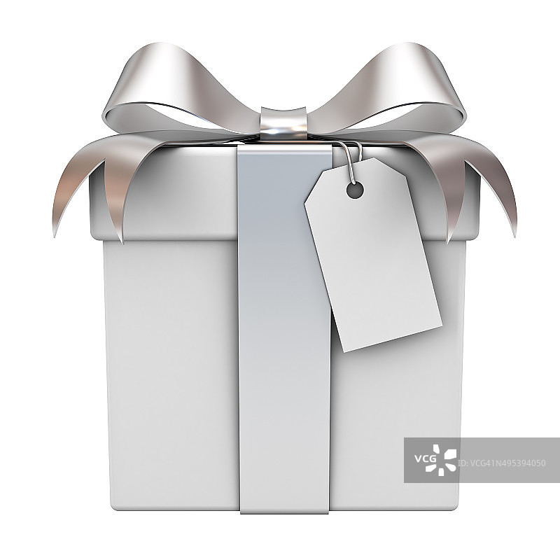 礼品盒与银色丝带蝴蝶结和空白标签图片素材