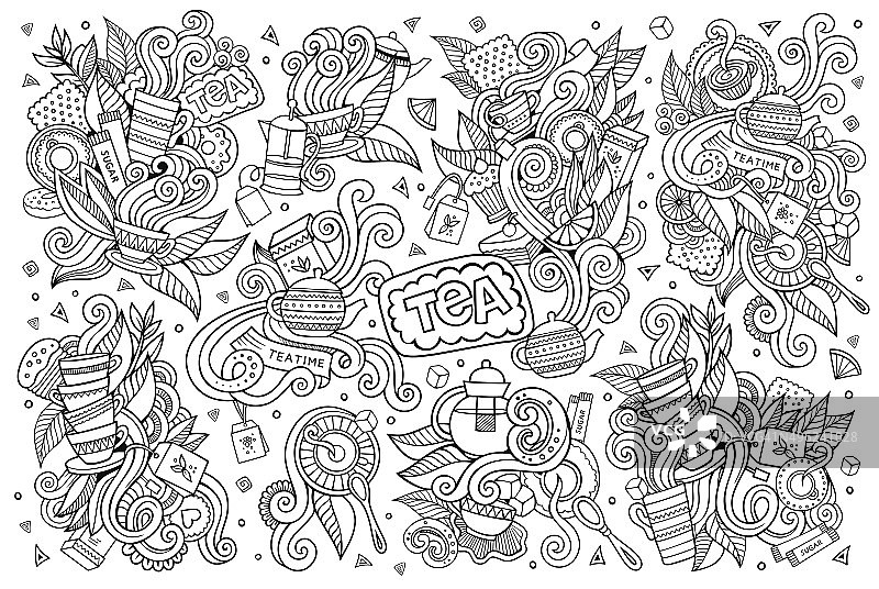 茶时间的涂鸦手绘矢量符号图片素材