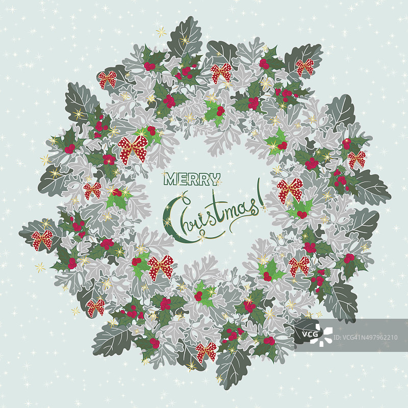 圣诞卡片与冬青浆果和灰色的花环图片素材