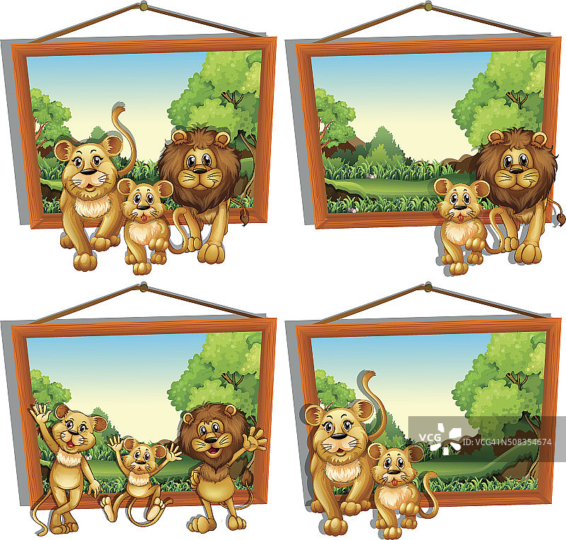狮子一家的四个相框图片素材