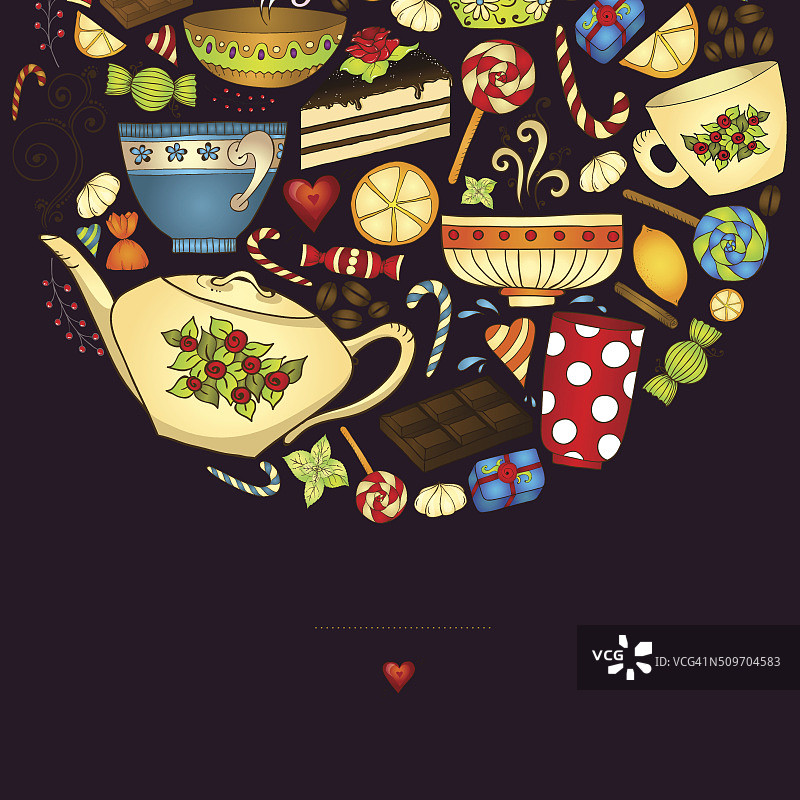 茶，咖啡和糖果涂鸦模板花样邀请。图片素材