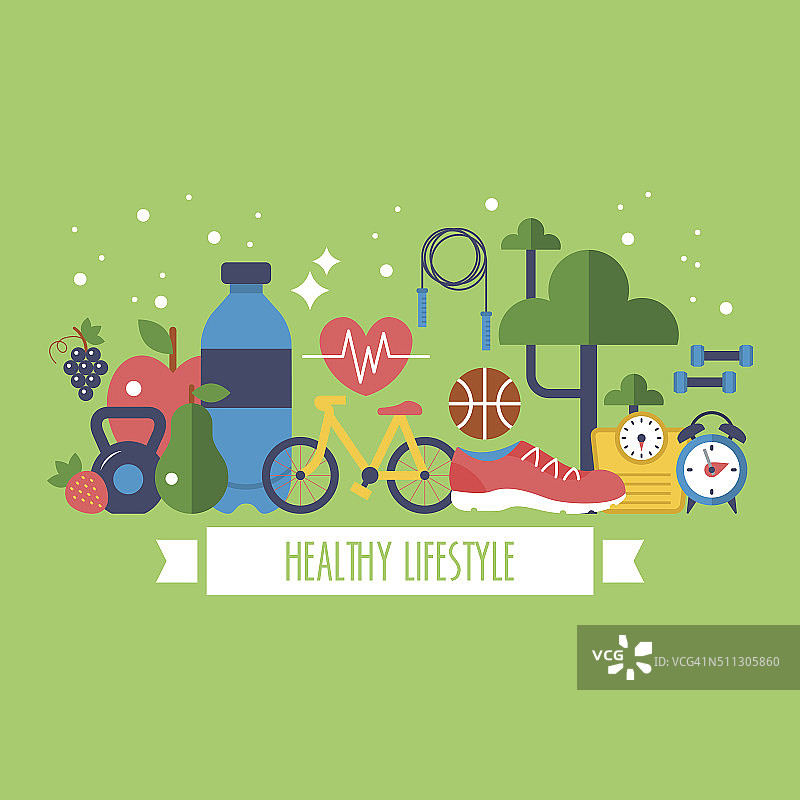 健康的生活方式概念与食物和运动图标图片素材