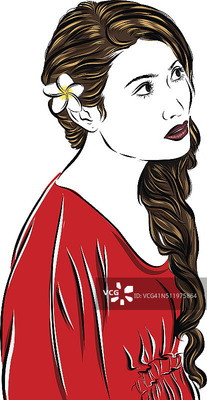 向量时尚插图素描女孩在红色的裙子图片素材