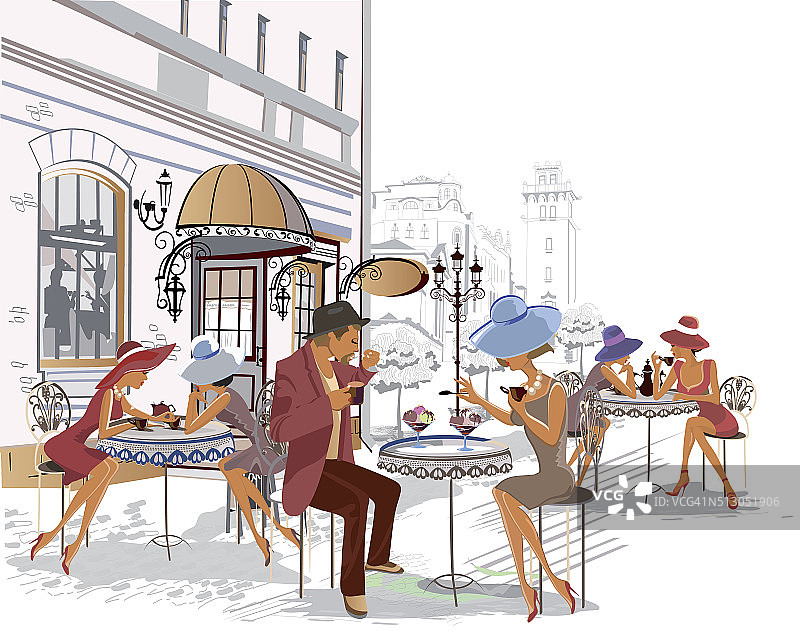时尚人士坐在街上的咖啡馆喝咖啡图片素材