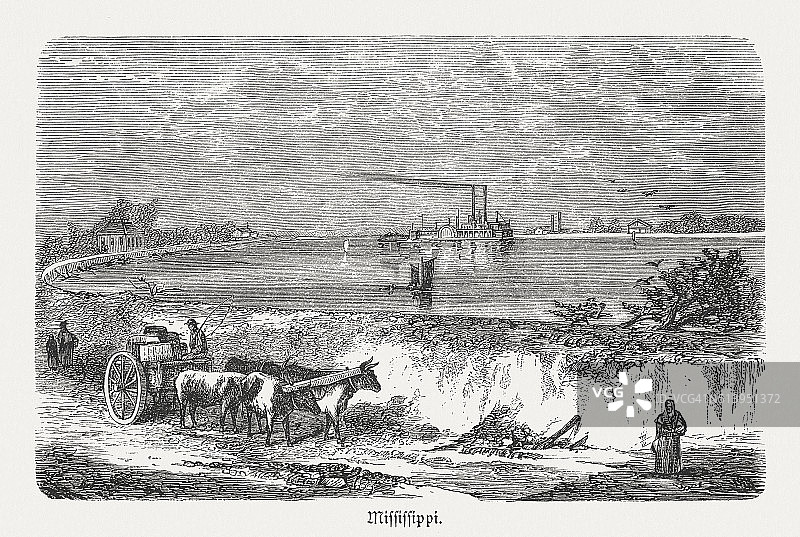 密西西比河上的堤坝，木刻，1880年出版图片素材