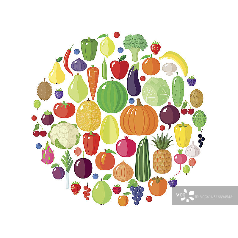 水果、蔬菜和浆果呈圆形。图片素材