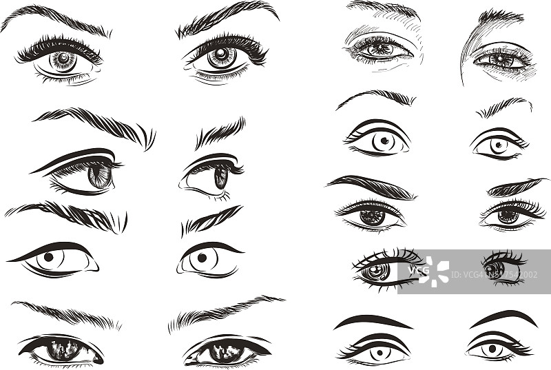 手绘女人眼睛收集在白色的背景。向量图片素材