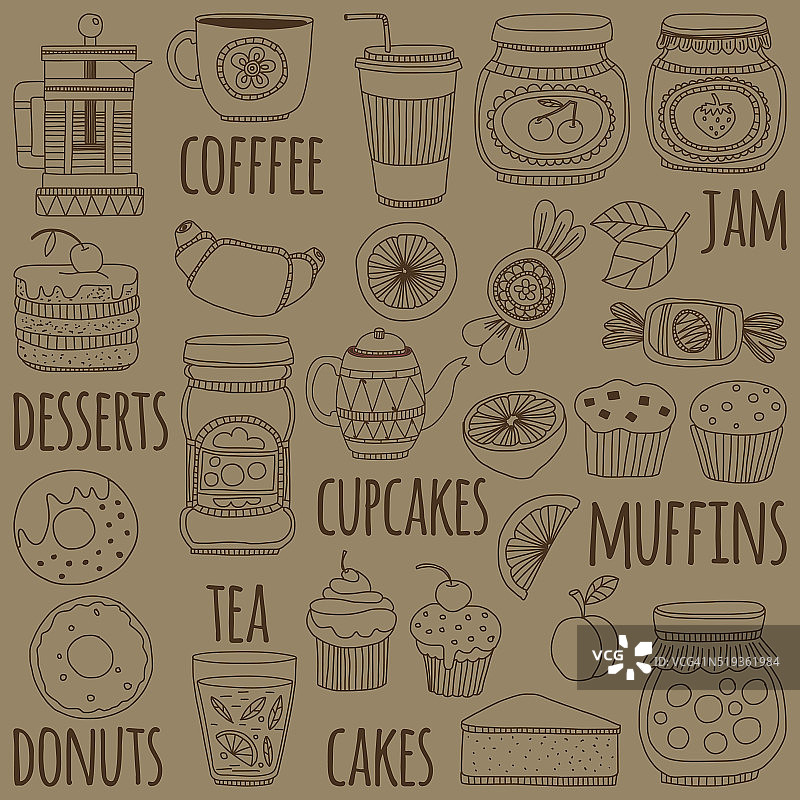 一套咖啡、茶和食物图标的涂鸦风格图片素材