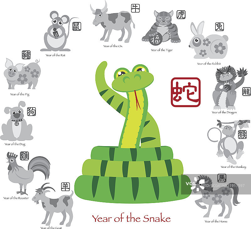 中国新年蛇颜色与十二生肖矢量插图图片素材