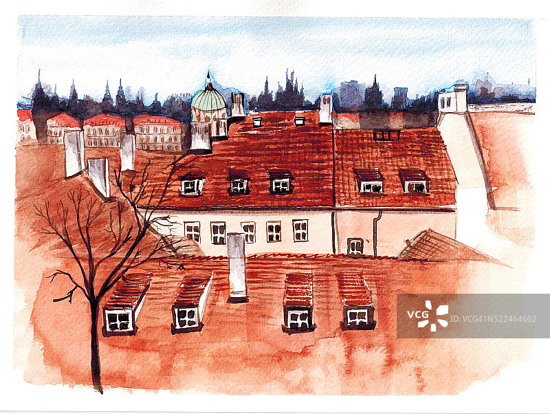 画的布拉格风景素描水彩插图图片素材