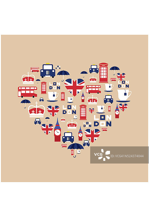 伦敦的图标以心形的形式排列。英格兰的图标图片素材