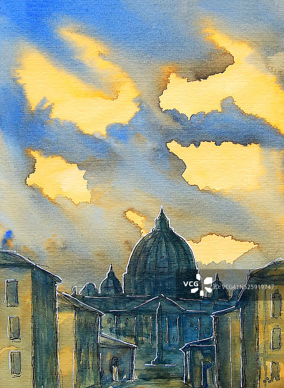 圣彼得大教堂，水彩画图片素材