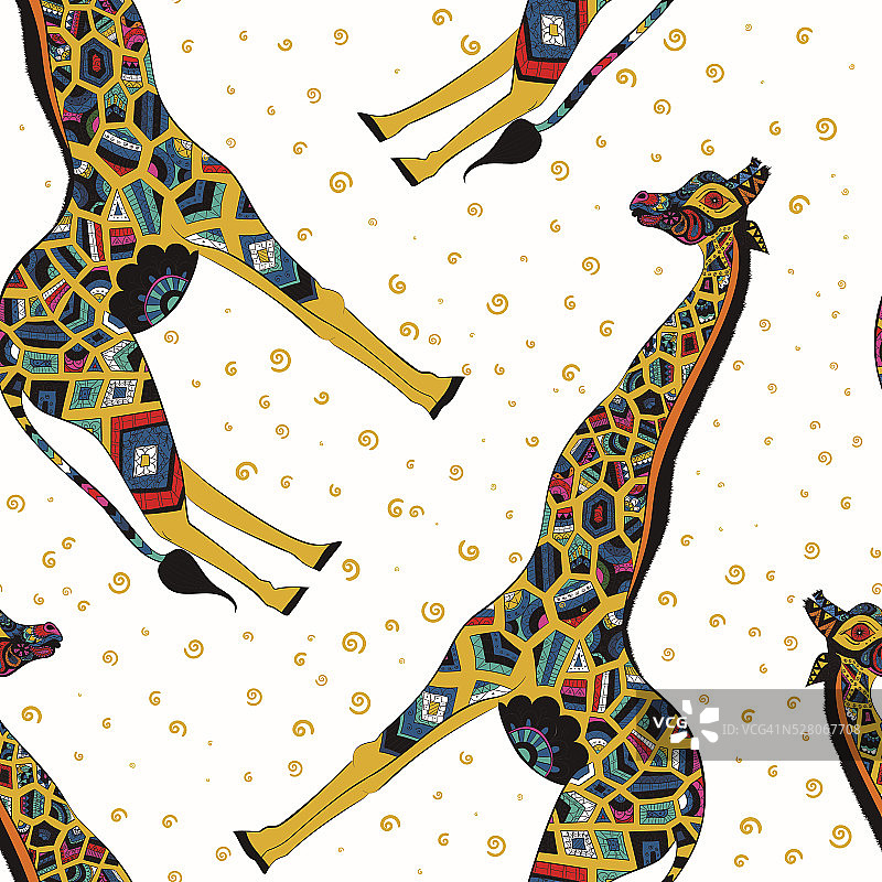 手绘无缝图案:观赏动物非洲长颈鹿。图片素材
