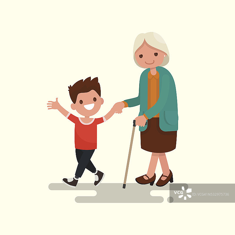 孙子和奶奶一起散步。矢量图图片素材