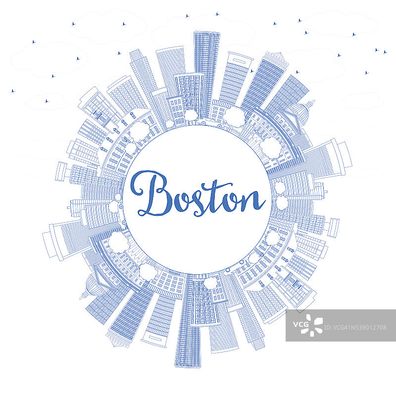 用蓝色建筑和复制空间勾勒出波士顿的天际线。图片素材