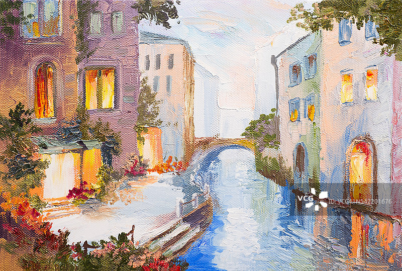 油画——意大利威尼斯运河，现代印象派，色彩丰富图片素材