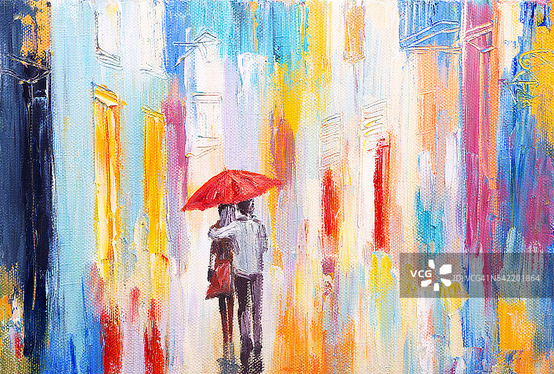 情侣在雨伞下散步，抽象图片素材