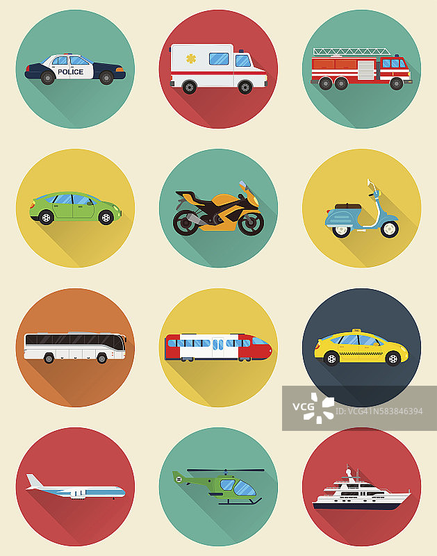 交通图标集。市政及旅游交通。公共交通工具。图片素材