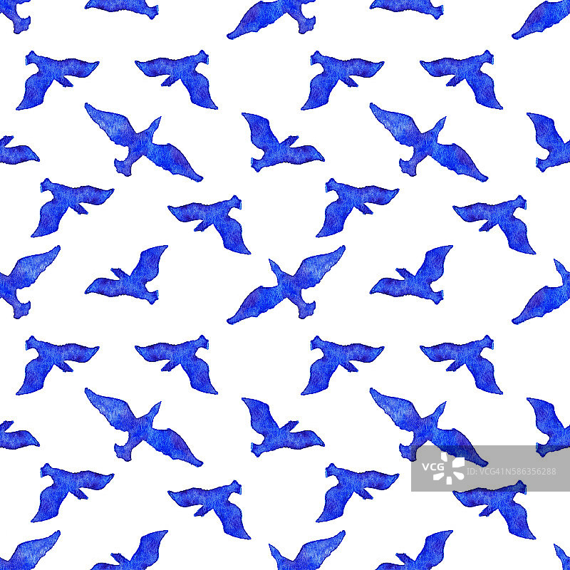 水彩飞鸟动物蓝白色无缝图案图片素材