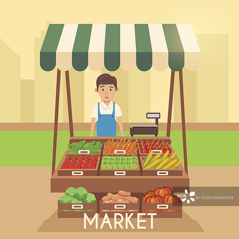 当地市场摊位。卖蔬菜。平面向量插图图片素材