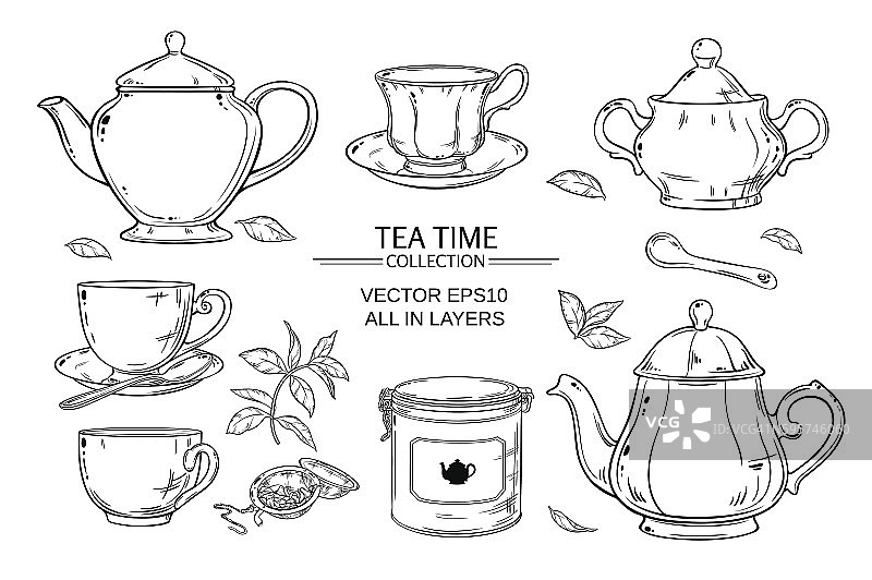 茶具放在白色的背景上图片素材