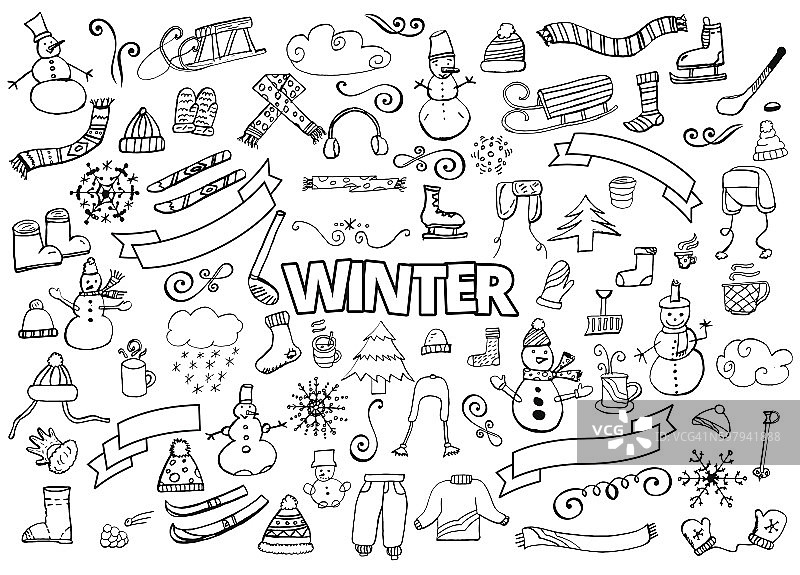 冬天涂鸦集合。设计元素。雪人，雪花，天空，围巾，热图片素材