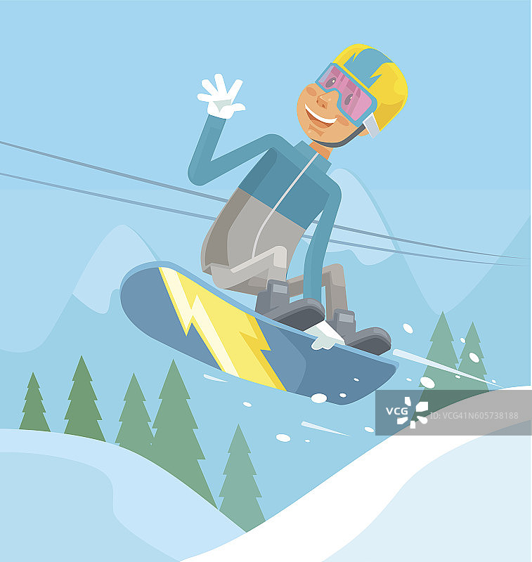 滑雪字符跳跃。矢量平面卡通插图图片素材