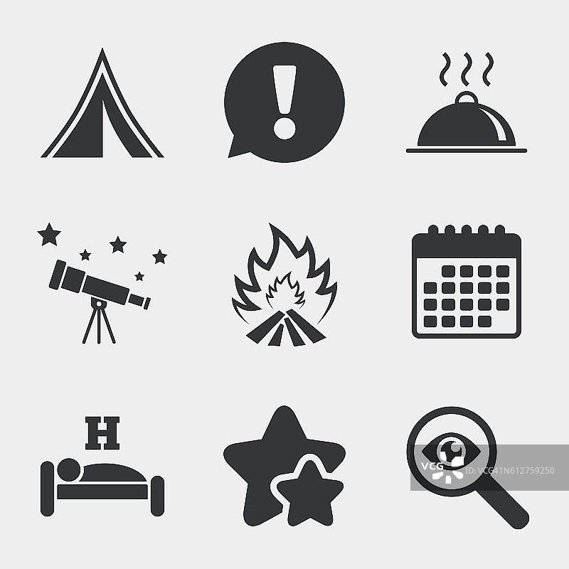 热的食物，睡眠，露营帐篷和火标志。图片素材