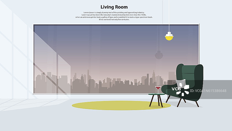 现代客厅，绿色扶手椅。城市天际线的观点。向量图片素材