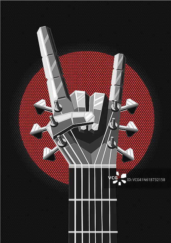 有金属手和吉他的摇滚海报。音乐的诠释图片素材