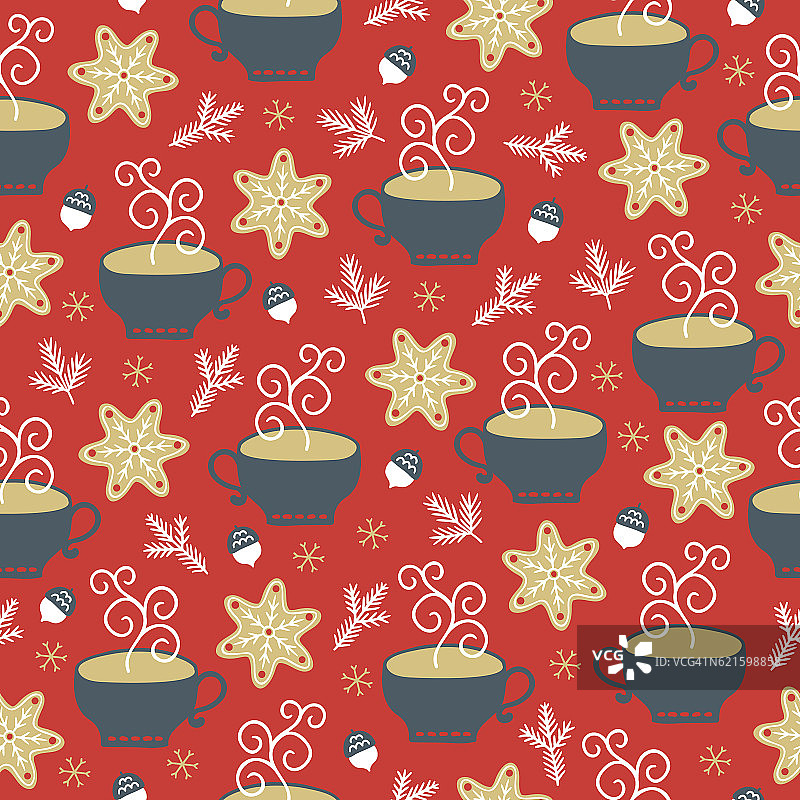 圣诞无缝图案有杯茶、橡子、杉树枝图片素材
