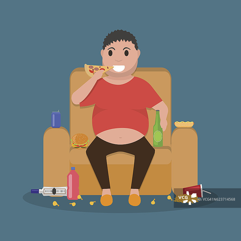 卡通胖子坐在沙发上吃垃圾食品图片素材