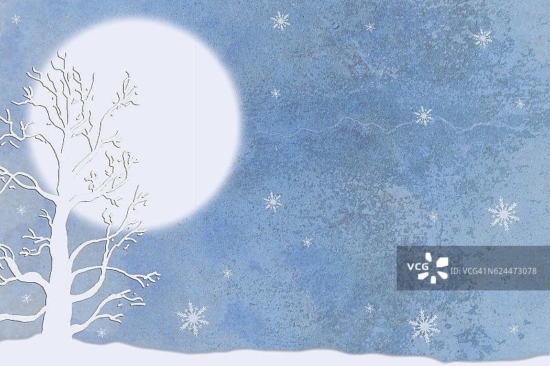 冬天贺卡的背景场景有雪，树，月亮。图片素材