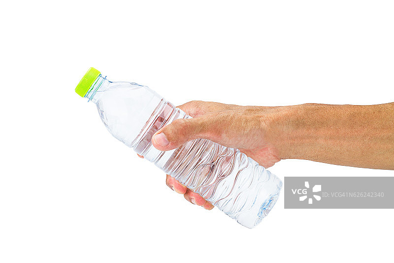 在白色背景上，手持塑料水瓶的男子图片素材