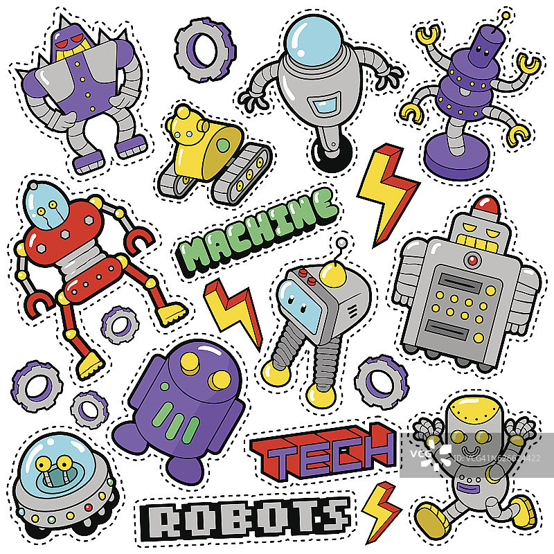 机器人和机器贴纸，徽章，补丁图片素材