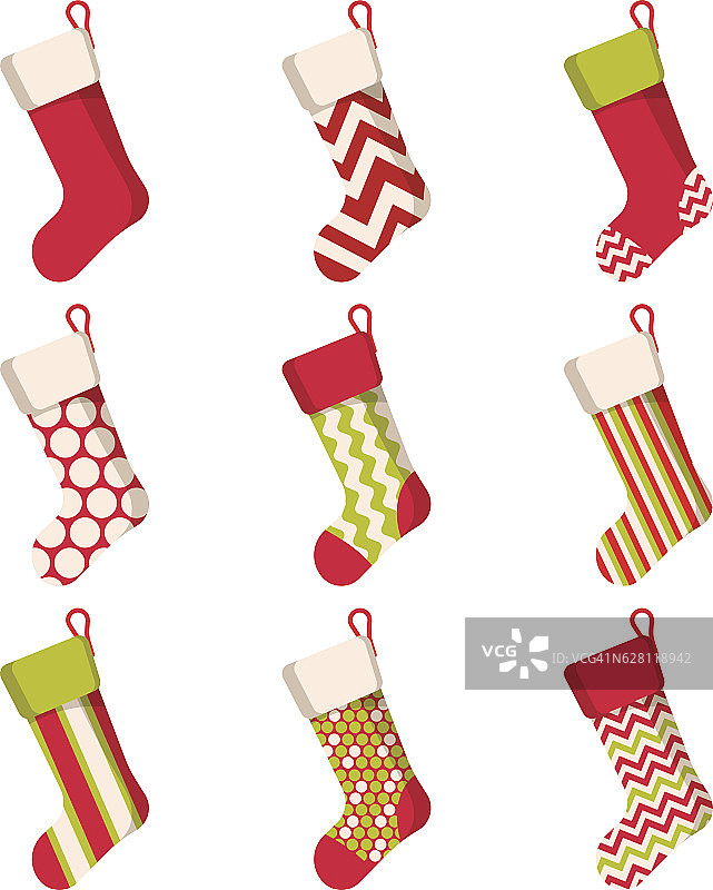 圣诞袜设置孤立的白色背景。节日的圣诞老人图片素材