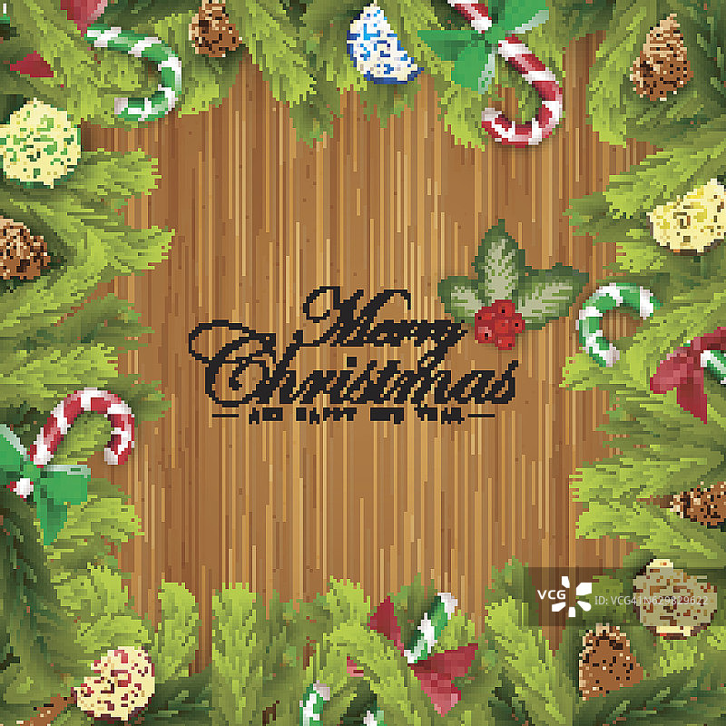 圣诞节的木制背景与冷杉树枝和五颜六色的球图片素材