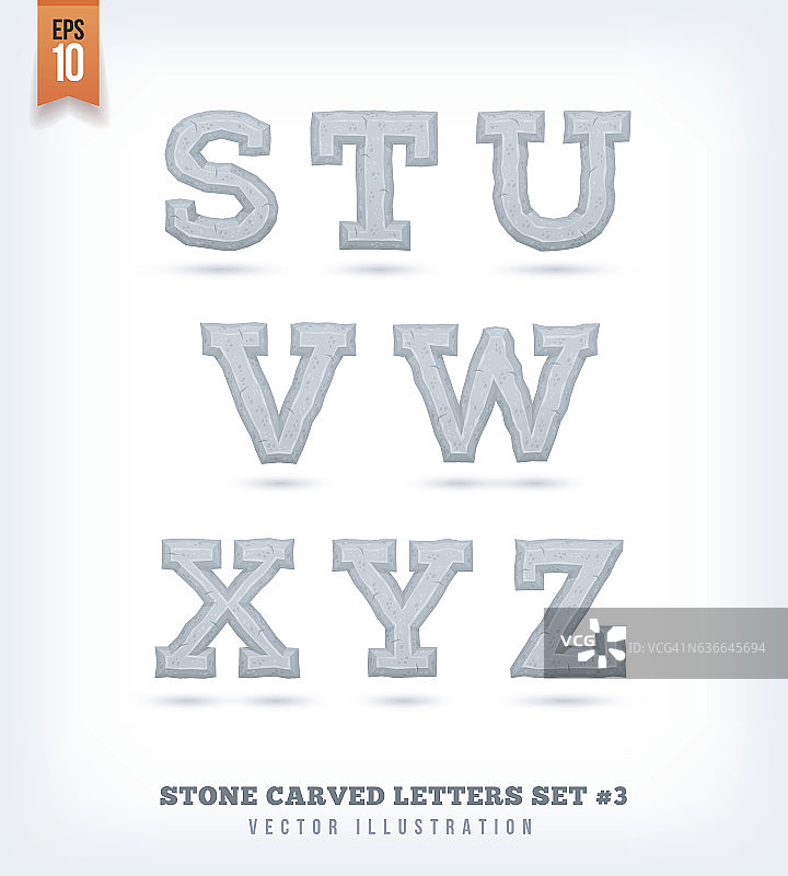 石头雕刻的字母，数字和字体符号。矢量插图。图片素材