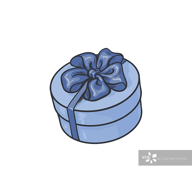 蓝色的圆形礼盒，带蝴蝶结和丝带图片素材