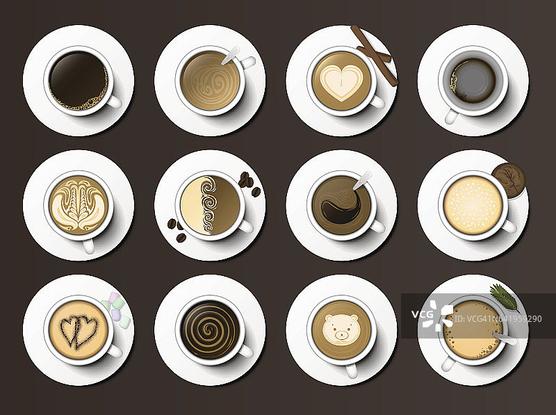 咖啡杯分类俯视图集合矢量插图图片素材