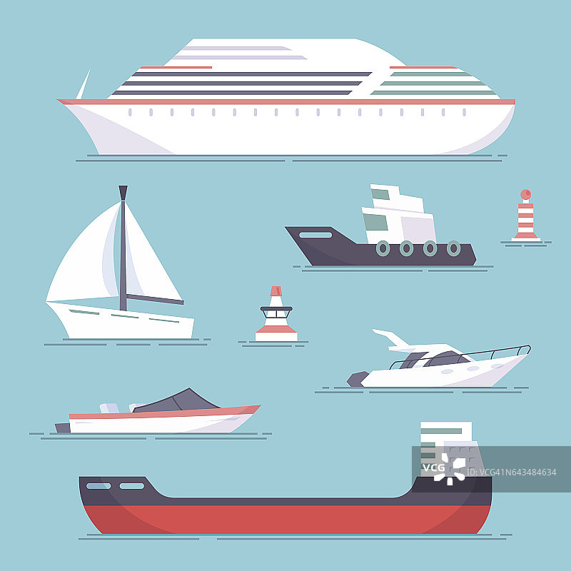 海上成套船舶、小艇、游艇和帆船油轮。海洋浮标。矢量，插图在蓝色背景EPS10上隔离的平面风格。图片素材