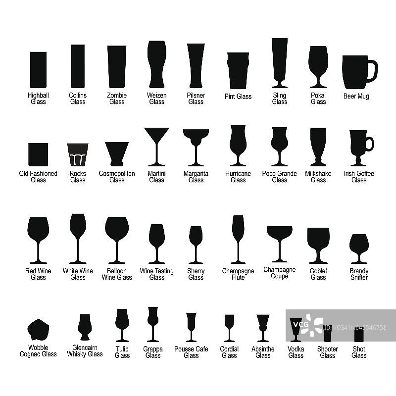 酒吧玻璃器皿与名称，黑色剪影图标集图片素材