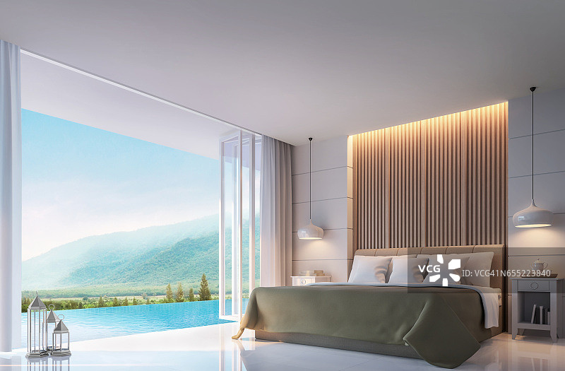 现代卧室与山景3d渲染图像图片素材