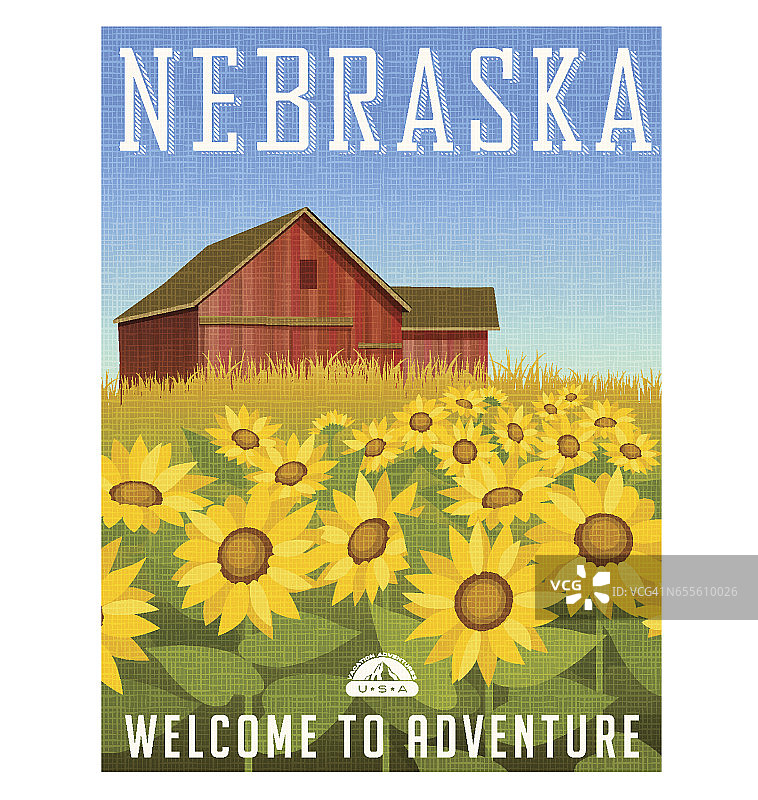 内布拉斯加州旅行海报。向日葵在旧的红色谷仓前的矢量插图。图片素材