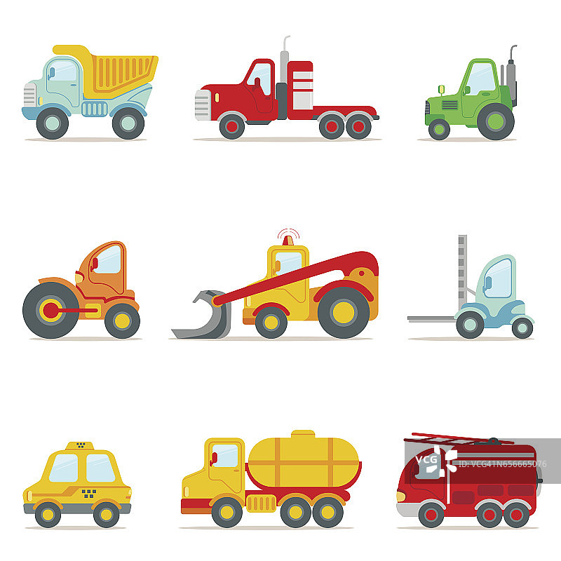 采购产品公共服务，建设和道路工作汽车收集的彩色玩具卡通图标图片素材