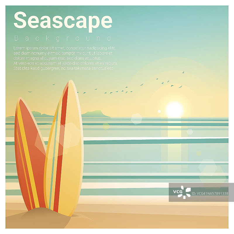 海景背景与海滩上的冲浪板，矢量，插图图片素材