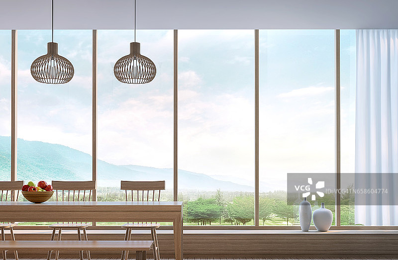 现代餐厅与山景3d渲染图片素材