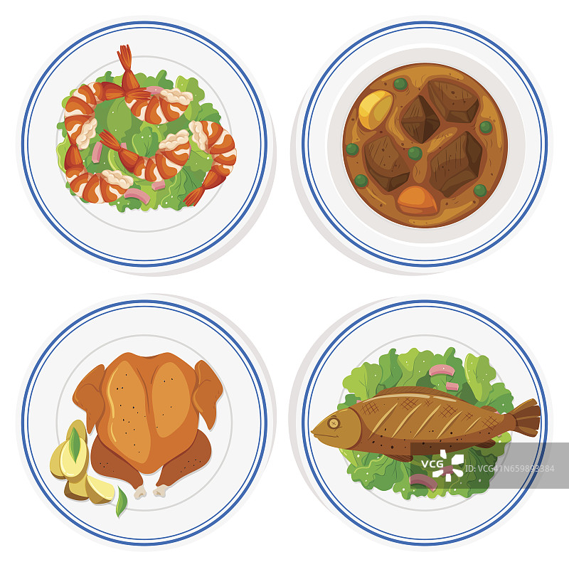 圆形盘子里装着不同的食物图片素材