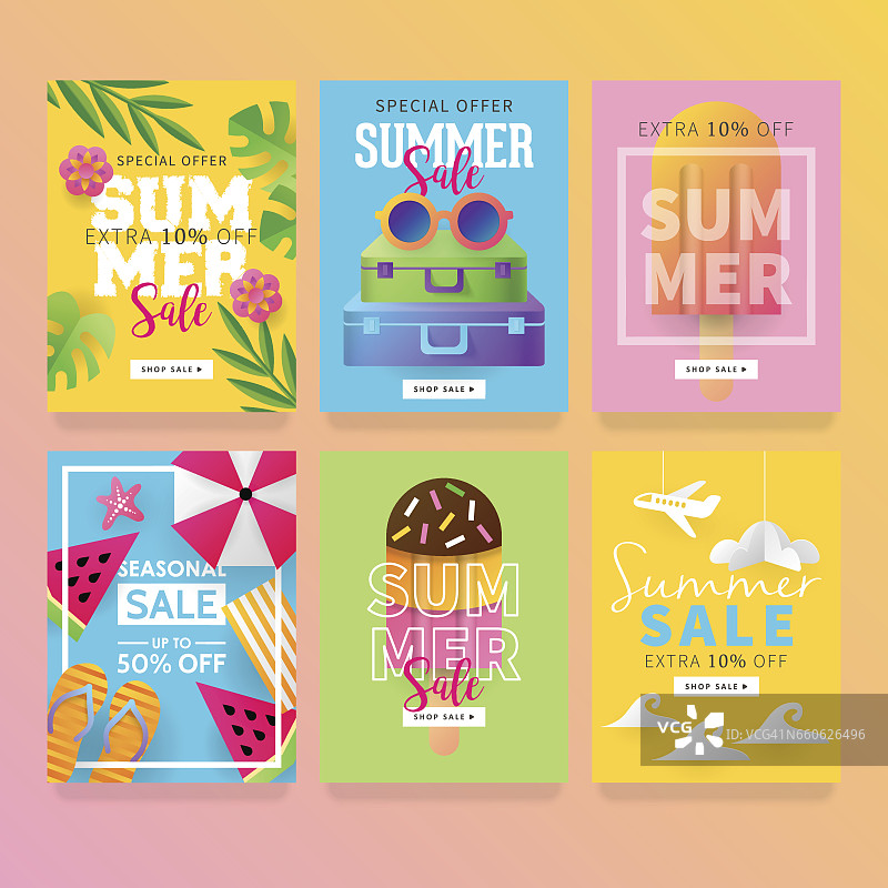 夏季销售横幅模板设置为社交媒体和移动应用与纸艺术旅行和假期背景。矢量图图片素材